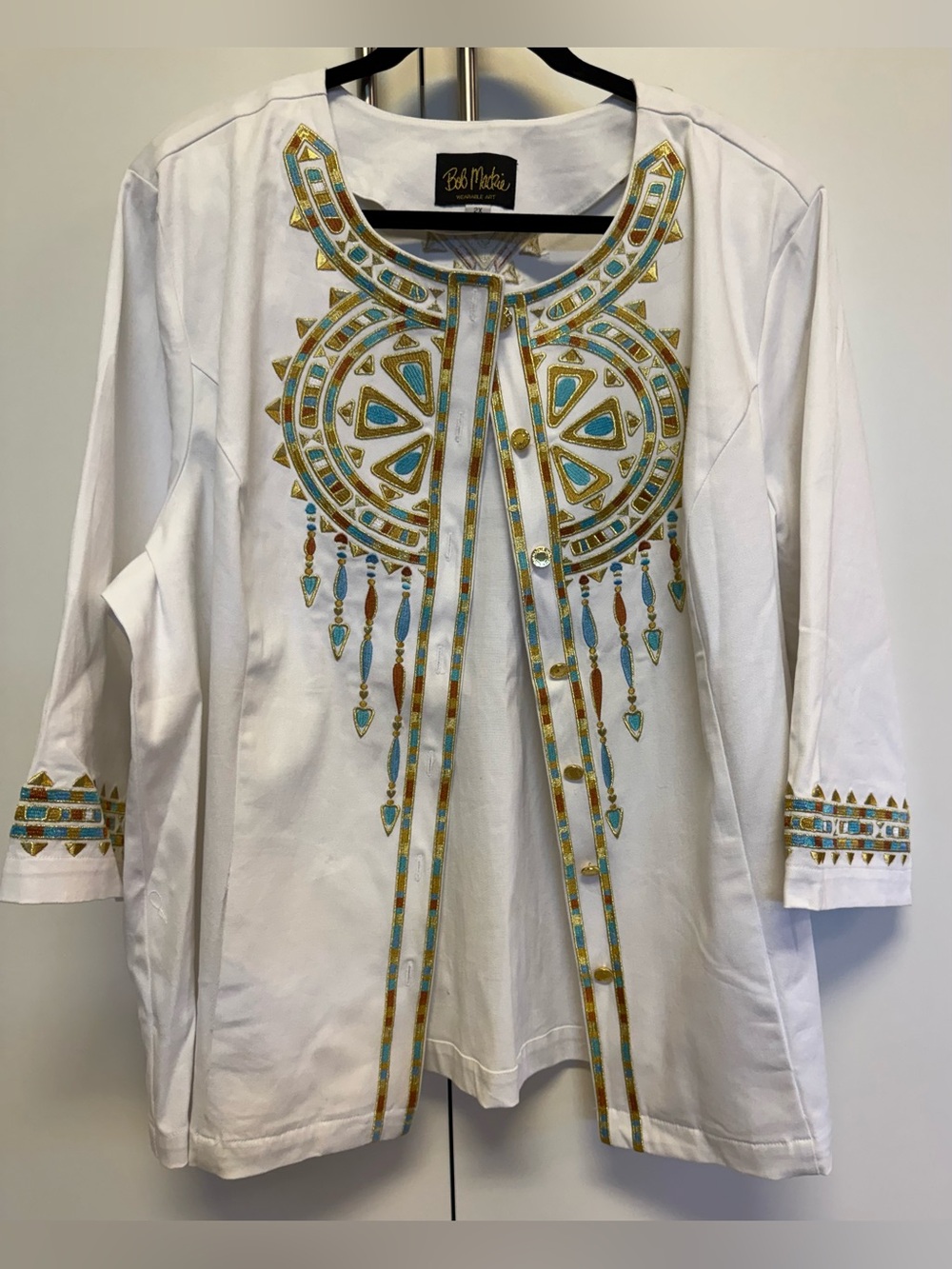 Bob Mackie Wearable Art Top 2X Embroidered Gold Statement Jacket Boho